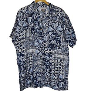 Robert Stock Floral Geometric Patchwork Blue White Shirt M Silk Hawaii Button-Up